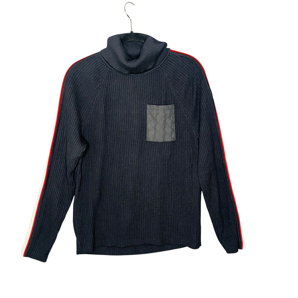 T by Talbots Navy Blue Ribbed Turtleneck Sweater L Sporty Ski Layer Arm Stripe